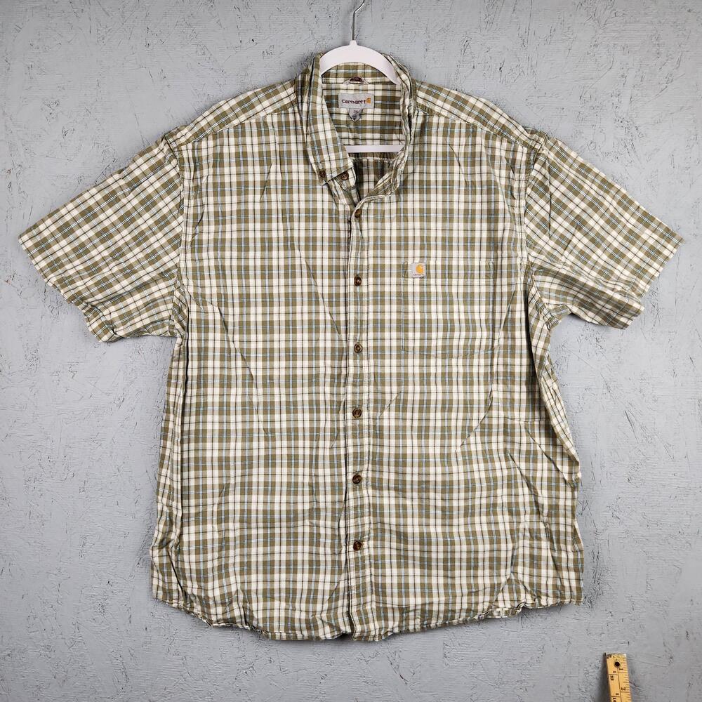 Carhartt Shirt Mens 2XL Green Plaid Button Front Relaxed Fit Logo Pocket Work